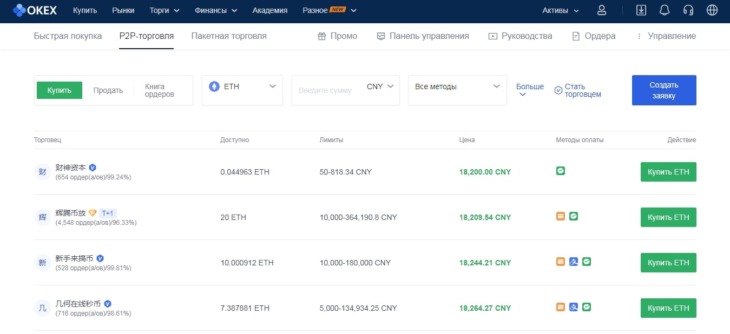 Покупка эфириума на P2P-платформе OKEx