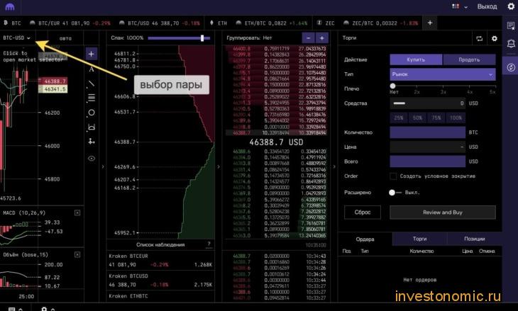 Покупка BTC за USD на бирже Kraken