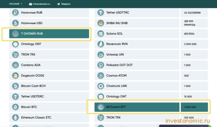 Направление обмена Тинькофф RUB → BitTorrent