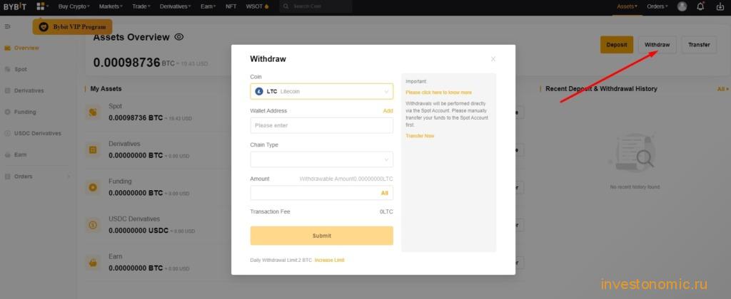 Окно вывода LTC на ByBit