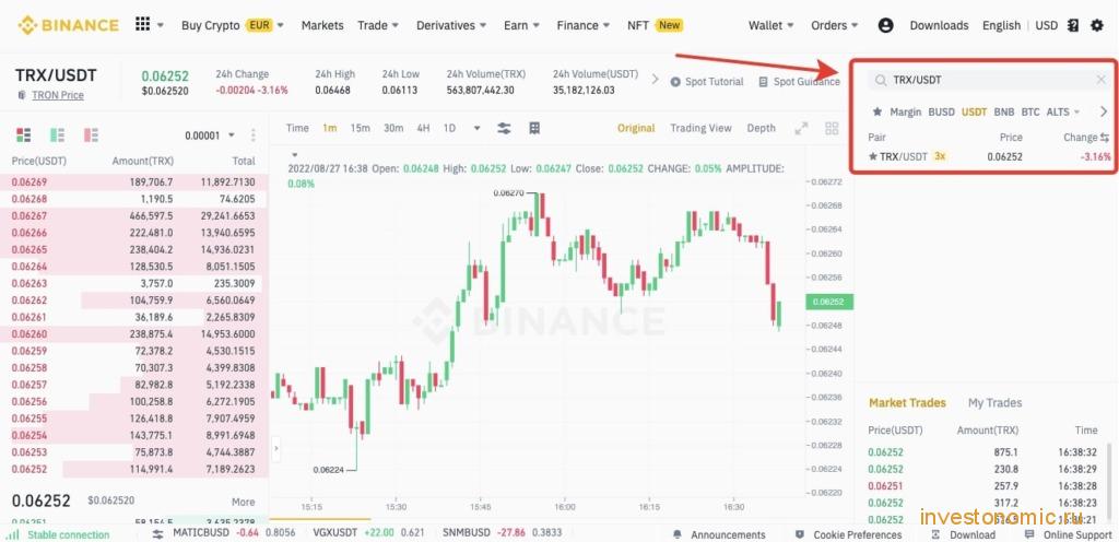 Торговля в паре TRX/USDT на спотовом рынке Binance