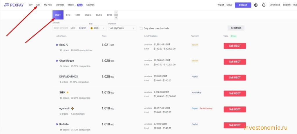 Выбор сделки для продажи на Pexpay