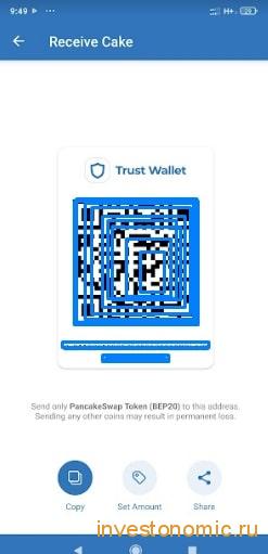 Адрес и QR-код CAKE в Trust Wallet