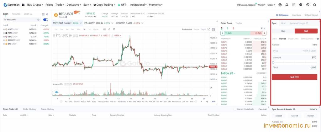 Терминал спотового в режиме Sell