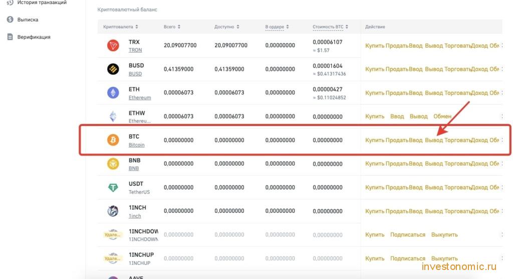 Вывод Биткоинов с Бинанс